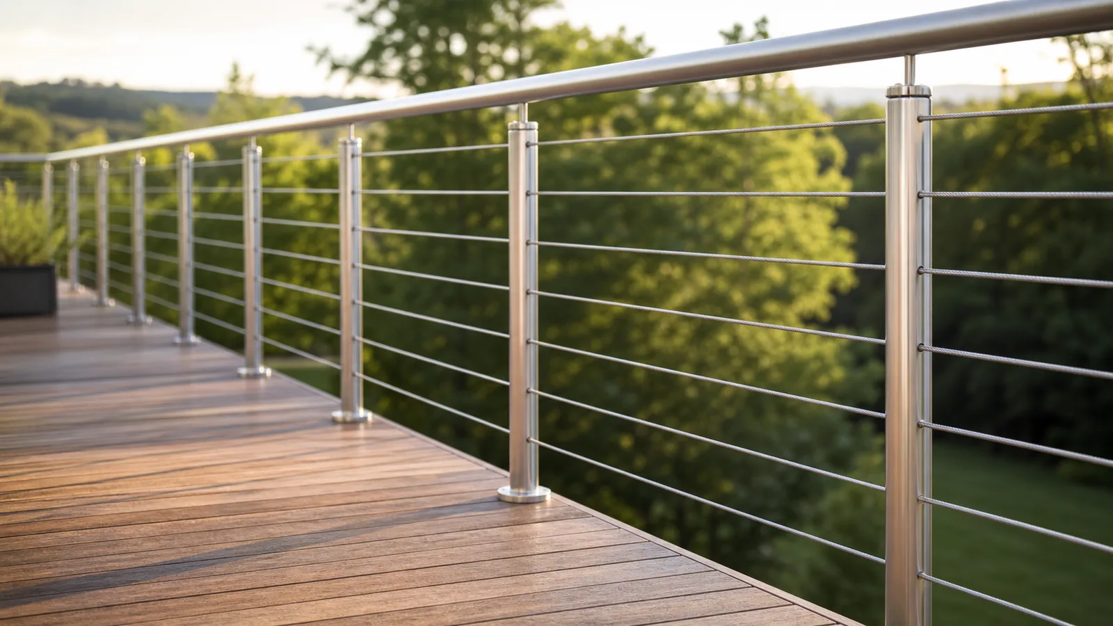 Balustradă din inox cu cabluri montată pe o terasă din lemn