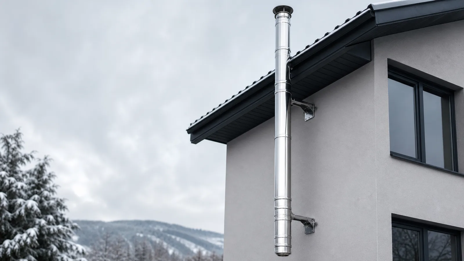 Coș de fum modular din inox montat pe fațada unei case