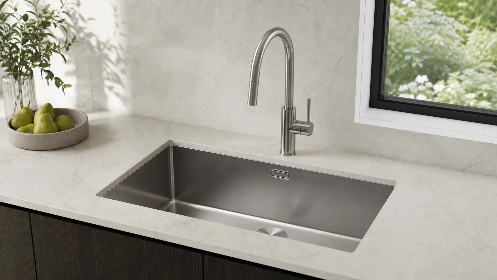 Chiuvetă modernă din inox montată sub blat de piatră